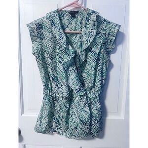Banana Republic Womens Blouse Top‎ Green White Blue Print Sleeveless Ruffle XS